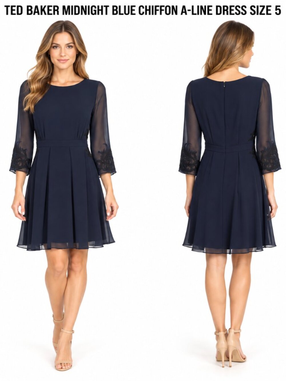 TED BAKER MIDNIGHT BLUE CHIFFON A-LINE DRESS SIZE 5